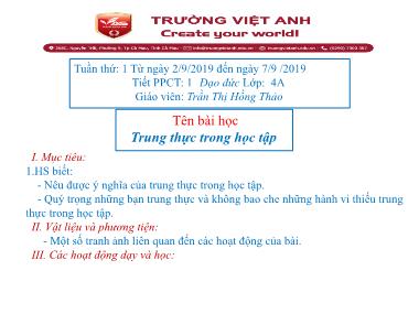 Bài giảng Đạo đức Lớp 4 - Bài 1: Trung thực trong học tập (Tiết 1) - Trần Thị Hồng Thảo
