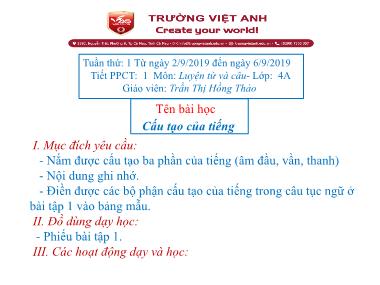 Bài giảng Tiếng việt Lớp 4 - Luyện từ và câu: Cấu tạo của tiếng - Trần Thị Hồng Thảo