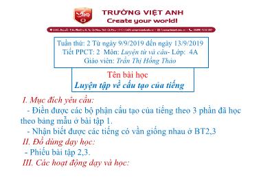 Bài giảng Tiếng việt Lớp 4 - Luyện từ và câu: Luyện tập về cấu tạo của tiếng - Trần Thị Hồng Thảo