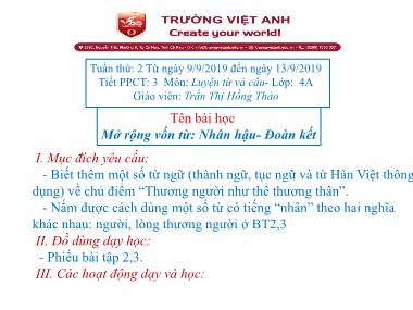 Bài giảng Tiếng việt Lớp 4 - Luyện từ và câu: Mở rộng vốn từ: Nhân hậu-Đoàn kết - Trần Thị Hồng Thảo