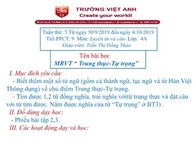 Bài giảng Tiếng việt Lớp 4 - Luyện từ và câu: Mở rộng vốn từ “ Trung thực-Tự trọng” - Trần Thị Hồng Thảo