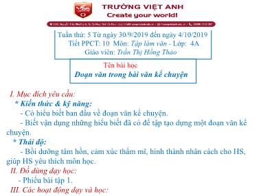 Bài giảng Tiếng việt Lớp 4 - Tập làm văn: Đoạn văn trong bài văn kể chuyện - Trần Thị Hồng Thảo