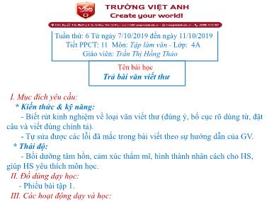 Bài giảng Tiếng việt Lớp 4 - Tập làm văn: Trả bài văn viết thư - Trần Thị Hồng Thảo