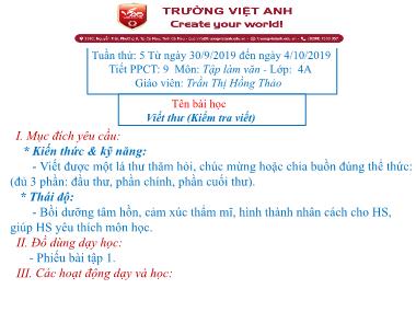 Bài giảng Tiếng việt Lớp 4 - Tập làm văn: Viết thư (Kiểm tra viết) - Trần Thị Hồng Thảo