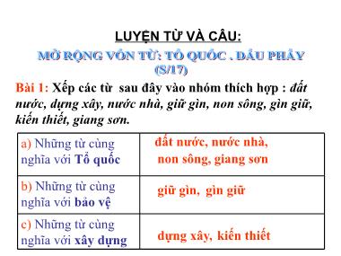 Bài giảng Tiếng việt Lớp 3 - Luyện từ và câu: Mở rộng vốn từ Tổ quốc, Dấu phẩy