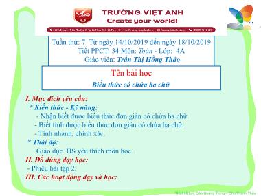 Bài giảng môn Toán Lớp 4 - Biểu thức có chứa ba chữ - Trần Thị Hồng Thảo