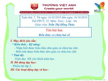 Bài giảng môn Toán Lớp 4 - Biểu thức có chứa hai số - Trần Thị Hồng Thảo