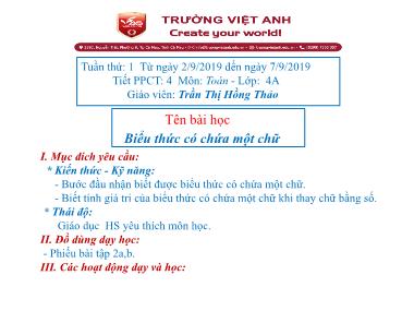 Bài giảng môn Toán Lớp 4 - Biểu thức có chứa một chữ - Trần Thị Hồng Thảo