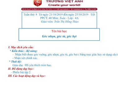 Bài giảng môn Toán Lớp 4 - Góc nhọn, góc tù, góc bẹt - Trần Thị Hồng Thảo