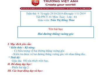 Bài giảng môn Toán Lớp 4 - Hai đường thẳng vuông góc - Trần Thị Hồng Thảo