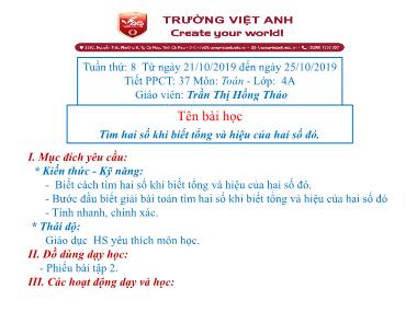Bài giảng môn Toán Lớp 4 - Tìm hai số khi biết tổng và hiệu của hai số đó - Trần Thị Hồng Thảo