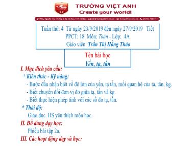 Bài giảng môn Toán Lớp 4 - Yến, tạ, tấn - Trần Thị Hồng Thảo