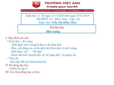 Bài giảng Toán Lớp 4 - Bài: Mét vuông - Trần Thị Hồng Thảo