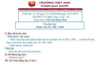Bài giảng Toán Lớp 4 - Nhân với 10; 100; 1.000 - Trần Thị Hồng Thảo