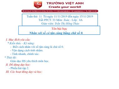 Bài giảng Toán Lớp 4 - Nhân với số có tận cùng bằng chữ số 0 - Trần Thị Hồng Thảo