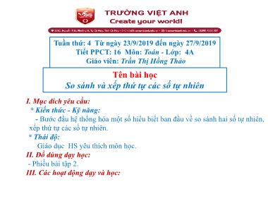 Bài giảng Toán Lớp 4 - So sánh và xếp thứ tự các số tự nhiên - Trần Thị Hồng Thảo