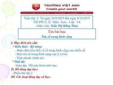 Bài giảng Toán Lớp 4 - Tìm số trung bình cộng - Trần Thị Hồng Thảo
