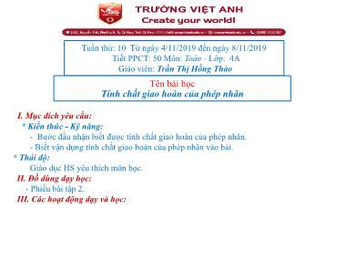 Bài giảng Toán Lớp 4 - Tính chất giao hoán của phép nhân - Trần Thị Hồng Thảo