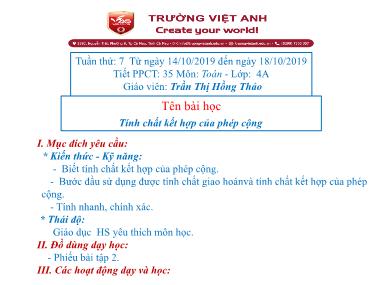Bài giảng Toán Lớp 4 - Tính chất kết hợp của phép cộng - Trần Thị Hồng Thảo