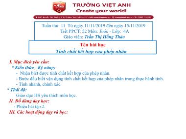 Bài giảng Toán Lớp 4 - Tính chất kết hợp của phép nhân - Trần Thị Hồng Thảo