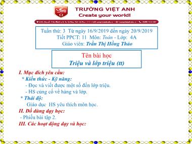 Bài giảng Toán Lớp 4 - Triệu và lớp triệu (Tiếp theo) - Trần Thị Hồng Thảo