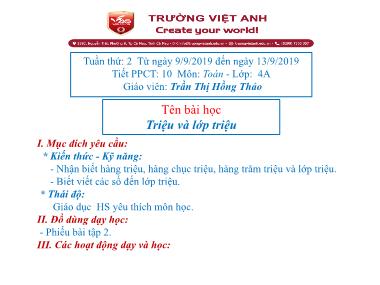 Bài giảng Toán Lớp 4 - Triệu và lớp triệu - Trần Thị Hồng Thảo