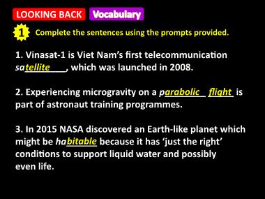 Bài giảng Tiếng Anh Lớp 9 - Unit 10: Space travel - Lesson 7: Looking back and project