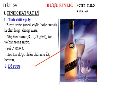 Bài giảng Hóa học Khối 9 - Tiết 54: Rượu Etylic
