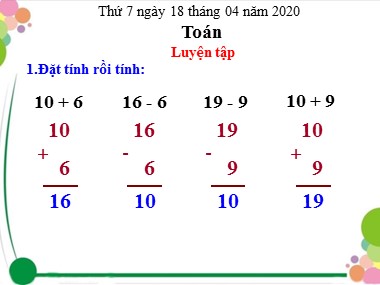 Bài giảng Toán Khối 1 - Phép trừ dạng 17-7 - Năm học 2019-2020