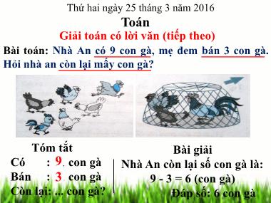 Bài giảng Toán Khối 1 - Giải toán có lời văn (Tiếp theo)