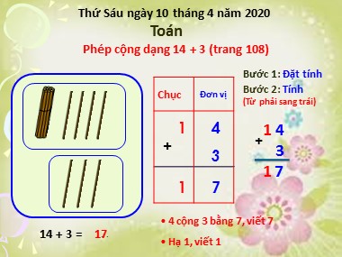 Bài giảng Toán Lớp 1 - Phép cộng dạng 14+3 (Trang 108)