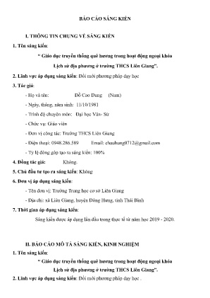 Báo cáo Sáng kiến Giáo dục truyền thống quê hương trong hoạt động ngoại khóa Lịch sử địa phương ở trường THCS Liên Giang