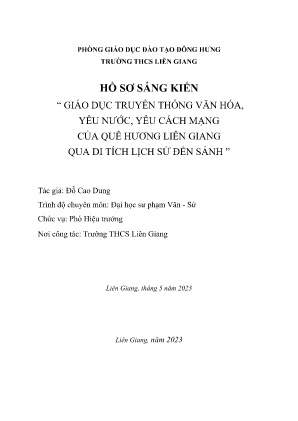 Báo cáo Sáng kiến Giáo dục truyền thống văn hóa, yêu nước, yêu cách mạng của quê hương Liên Giang qua di tích lịch sử đền Sảnh