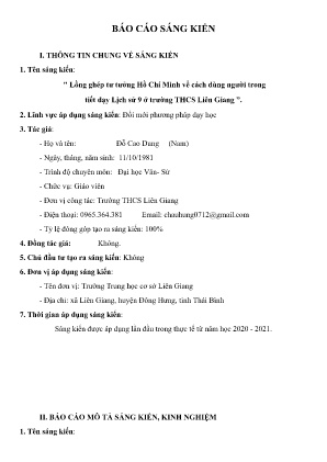 Báo cáo Sáng kiến Lồng ghép tư tưởng Hồ Chí Minh về cách dùng người trong tiết dạy Lịch sử 9 ở trường THCS Liên Giang