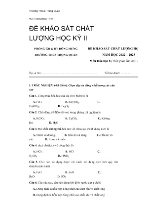 Đề khảo sát chất lượng học kì II năm học 2022-2023 môn Hóa Học Lớp 8 - Trường THCS Trọng Quan