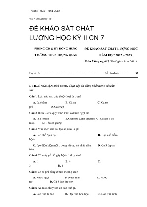 Đề khảo sát chất lượng học kỳ II năm học 2022-2023 môn Công Nghệ Lớp 7 - Trường THCS Trọng Quan