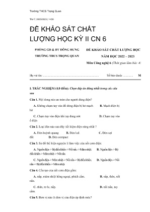Đề khảo sát chất lượng học kỳ II năm học 2022-2023 môn Công Nghệ Lớp 6 - Trường THCS Trọng Quan