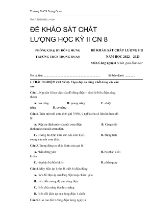 Đề khảo sát chất lượng học kỳ II năm học 2022-2023 môn Công Nghệ Lớp 8 - Trường THCS Trọng Quan