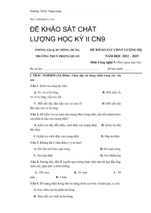 Đề khảo sát chất lượng học kỳ II năm học 2022-2023 môn Công Nghệ Lớp 9 - Trường THCS Trọng Quan