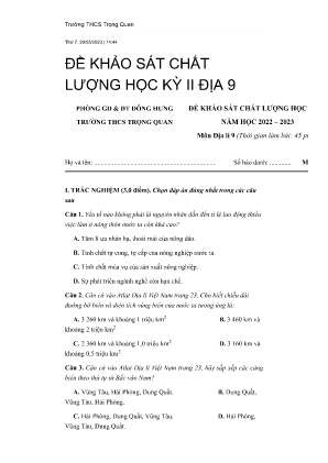Đề khảo sát chất lượng học kỳ II năm học 2022-2023 môn Địa Lí Lớp 9 - Trường THCS Trọng Quan