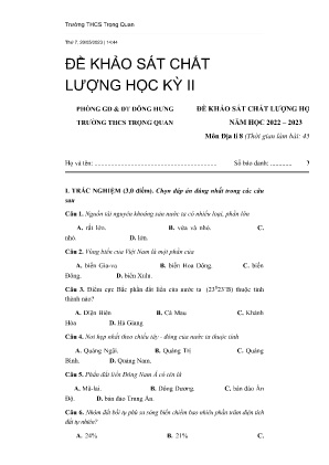 Đề khảo sát chất lượng học kỳ II năm học 2022-2023 môn Địa Lí Lớp 8 - Trường THCS Trọng Quan