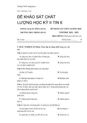 Đề khảo sát chất lượng học kỳ II năm học 2022-2023 môn GDCD Lớp 6 - Trường THCS Trọng Quan