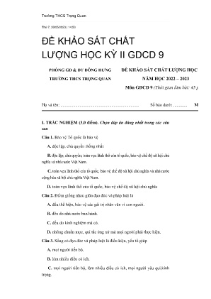 Đề khảo sát chất lượng học kỳ II năm học 2022-2023 môn GDCD Lớp 9 - Trường THCS Trọng Quan