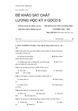 Đề khảo sát chất lượng học kỳ II năm học 2022-2023 môn GDCD Lớp 8 - Trường THCS Trọng Quan