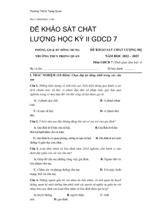 Đề khảo sát chất lượng học kỳ II năm học 2022-2023 môn GDCD Lớp 7 - Trường THCS Trọng Quan