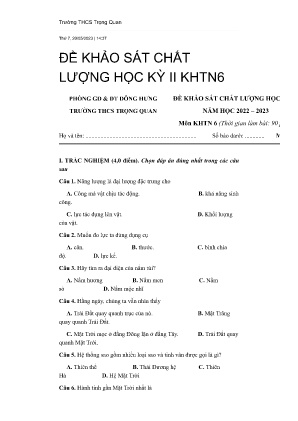 Đề khảo sát chất lượng học kỳ II năm học 2022-2023 môn KHTN Lớp 6 - Trường THCS Trọng Quan