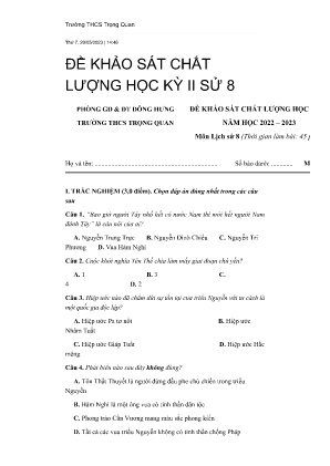 Đề khảo sát chất lượng học kỳ II năm học 2022-2023 môn Lịch Sử Lớp 8 - Trường THCS Trọng Quan