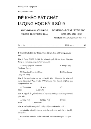 Đề khảo sát chất lượng học kỳ II năm học 2022-2023 môn Lịch Sử Lớp 9 - Trường THCS Trọng Quan