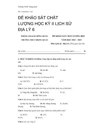 Đề khảo sát chất lượng học kỳ II năm học 2022-2023 môn Lịch sử - Địa Lí Lớp 6 - Trường THCS Trọng Quan