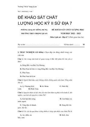 Đề khảo sát chất lượng học kỳ II năm học 2022-2023 môn Lịch Sử - Địa Lí Lớp 7 - Trường THCS Trọng Quan